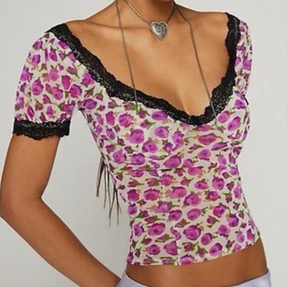 UO Kimchi Blue Blake Puff Sleeves Floral Mesh Lace Trim Top - Picture 1 of 10